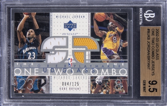 2002-03 UD Glass "One Two Combo Jerseys" #MJKB Kobe Bryant/Michael Jordan Dual Jersey Card (#84/125) - BGS GEM MINT 9.5